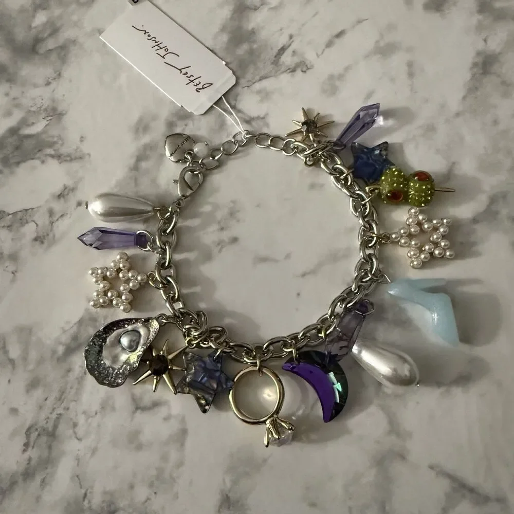 Betsey Johnson Charm Bracelet Oyster Olives Engagement Ring Stars Moon High Heel